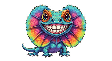 Cute colorful Australian frilled lizard with a big smile - isolated white background chibi illustration
