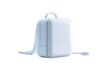 White portable device with strap and cord