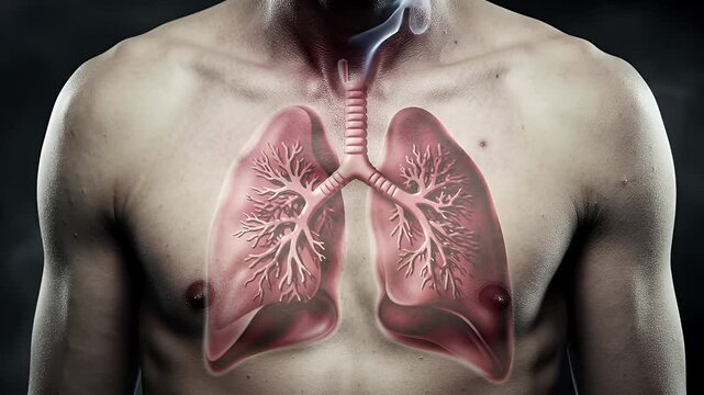 Detailed Close up of Bare Chested Person with Anatomical Lung Illustration and Vaporous Effects on Dark Background for Medical Concept