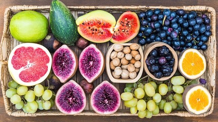 Vibrant fruit & nut platter, healthy eating, overhead shot, wooden tray, background