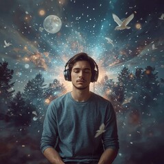 A young Caucasian man in a blue sweater immerses himself in music, surrounded by a surreal cosmic landscape with floating birds and musical notes.