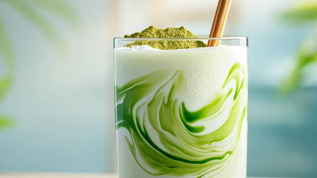 Refreshing iced matcha latte with bamboo straw against a blurred green background