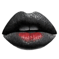 Fototapeta premium Vintage Pop Lips With Red Accent. Retro Halftone Illustration Isolated On Transparent Background