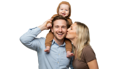 Young caucasian man carrying joyful toddler on shoulders, young caucasian woman kissing his cheek, all smiling brightly on a transparent studio background with ample copy space, concept of joyful