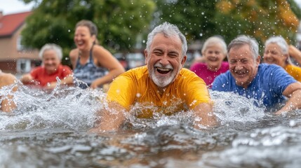 Joyful seniors playfully splashing and enjoying aquatic therapy together outdoors