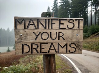 manifest your dreams text quote on wooden signpost, wooden blocks,urban landmarks