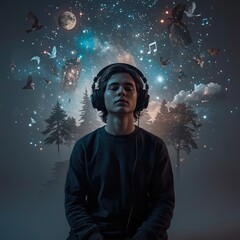 A young Asian male with headphones immersed in a dreamy, cosmic scene filled with birds and stars.
