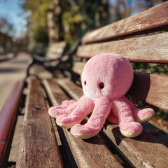 Playful pink octopus plush toy rests on wooden park bench in sunny autumn scene capturing whimsical mood