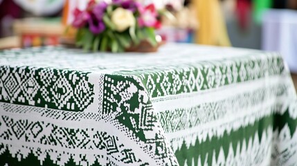 Green patterned tablecloth, market event, floral background, festive setting