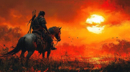 Solitary Horseman Riding into the Sunset A Majestic Scene of Golden Hues and Wild Grassland Expedition