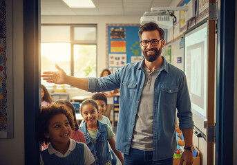 Naklejka premium Caring Male Teacher with a Beard Greets Students at the Classroom Door with a Warm, Welcoming Smile