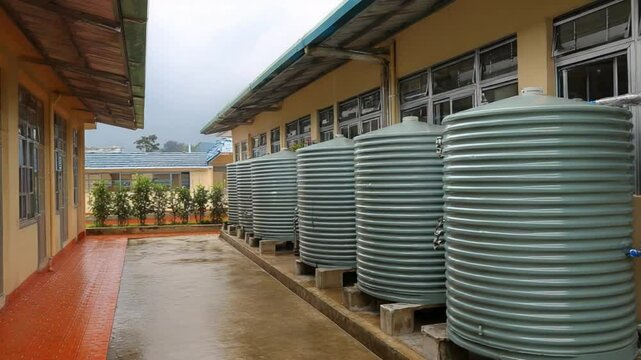 Water Storage Tank: A row of large, corrugated water tanks stands alongside a building. This image conveys essential infrastructure and sustainable resource management. 
