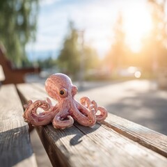 Ceramic Octopus on Wooden Bench in Bright Sunlight Artistic Sea Creature Display Scenic Ambience Tranquil Park