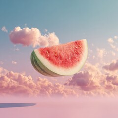 Slice of Fresh Watermelon Floating Gently Against a Dreamy Pink Sky and Cloudscape in Summer Light