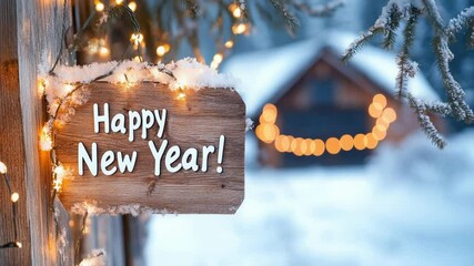 Cozy winter new year celebration with rustic wooden sign and festive lights - Powered by Adobe