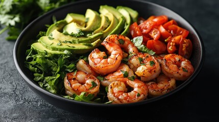 Grilled shrimp and avocado salad in black bowl with green parsley and tomato, against dark background