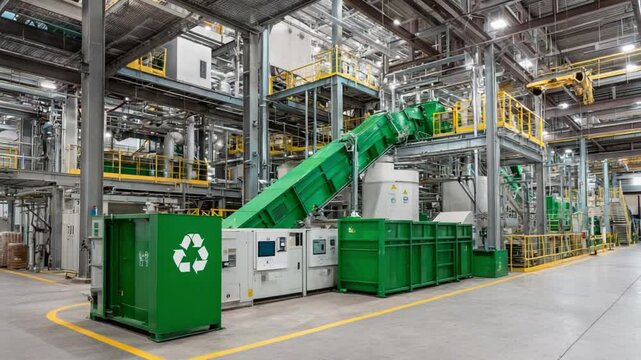 Industrial Recycling Machinery: The photo captures a detailed view of industrial recycling machinery, with conveying belts and storage bins. The scene evokes efficiency, sustainability.