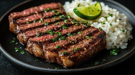 Delicious grilled steak with rice and lime on a black plate professional food photography fresh ingredient flavorful cuisine