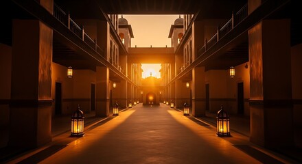 Warm golden sunset illuminates ornate courtyard with traditional lanterns and arches