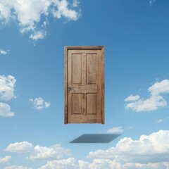 A wooden door floats against a clear blue sky, symbolizing opportunity and new beginnings.