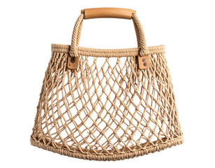 Rustic Fishing Net Bag with Wooden Frame and Handle, Isolated on Transparent Background PNG