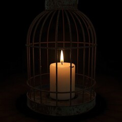 A softly glowing candle encaged in an antique metal lantern, casting warm light in a dark setting.