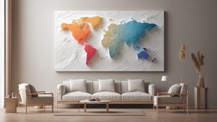 3D World Map Wall Art in Modern Living Room Interior