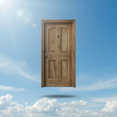 A wooden door floating in a bright blue sky, surrounded by soft white clouds, creating a surreal and dreamlike atmosphere.