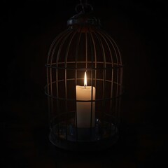 A serene white candle illuminated inside a rustic metal birdcage against a dark background.