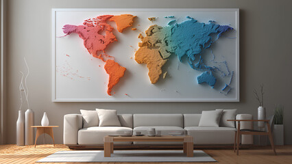 3D World Map Wall Art in Modern Living Room Interior