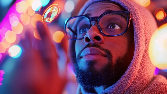 Male AI specialist in hoodie exploring virtual reality 3D data visualizations with hand gestures in a tech environment. Data scientist