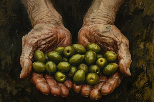Wrinkled hands of a farmer holding freshly harvested green olives, symbolizing agriculture and the mediterranean diet