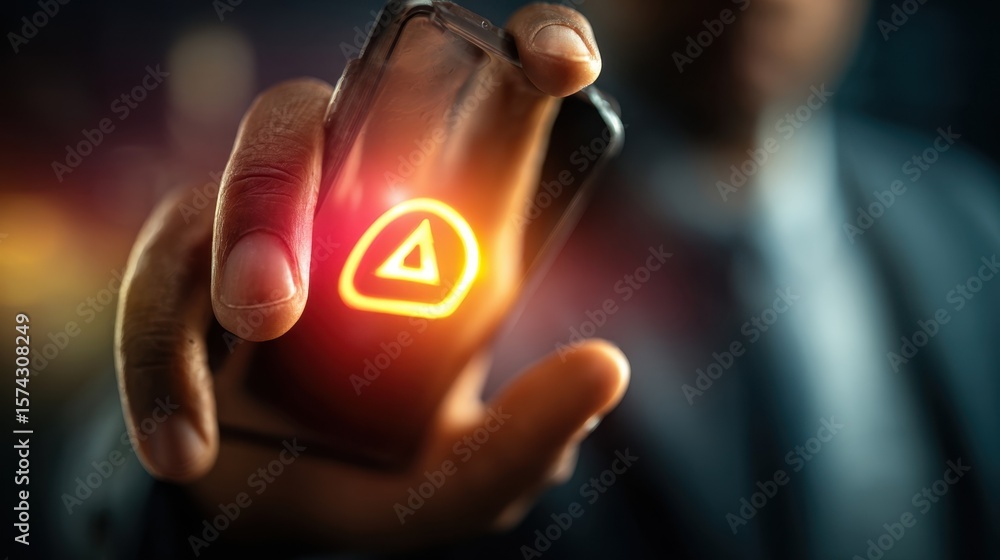 Poster a dynamic image focusing on a persons hand raised clutching a mobile phone with a vivid call notific