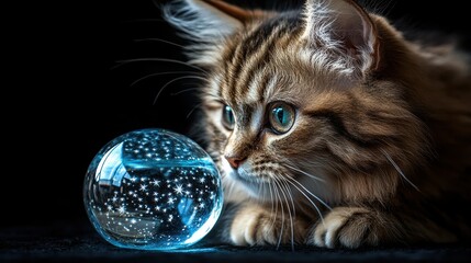 Captivating gaze of a fluffy tabby kitten gazing with curiosity at a sparkling cosmic glass ball