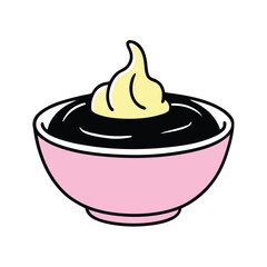 cartoon mustard in a pink bowl with black outline