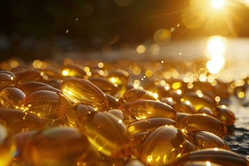 Fish oil capsules glistening in golden sunlight at sunset, promoting health and wellness