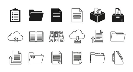 Digital Document Icons: A graphic array of digital document icons, perfect for illustrating concepts of data storage, file management, and information organization in business and technology settings.