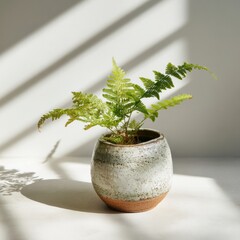 Indoor fern in rustic ceramic pot capturing natural light against a white wall creating a serene and warm minimal style home decor vibe