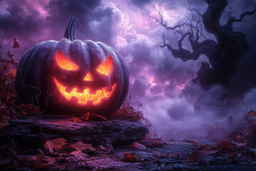 Glowing jack-o'-lantern on spooky night with twisted tree and ominous clouds