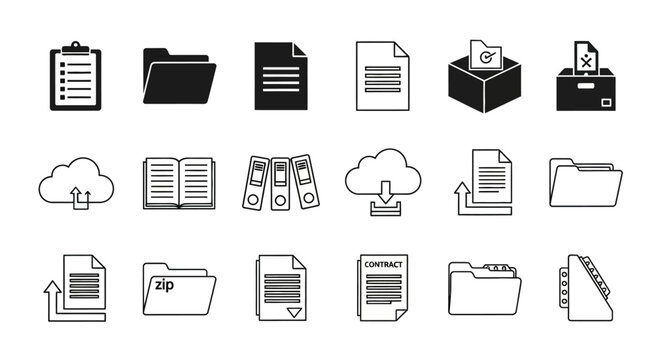Digital Document Icons: A graphic array of digital document icons, perfect for illustrating concepts of data storage, file management, and information organization in business and technology settings.
