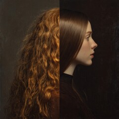 Portrait contrast of a young girl with straight glossy hair and a Renaissance-style woman with curly hair