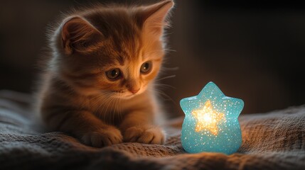 Adorable ginger kitten gazing with curiosity at a shining star light on soft background cozy and heartwarming
