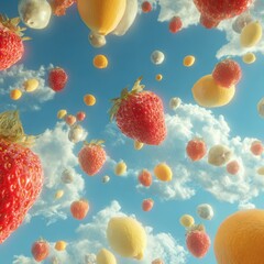 Whimsical Sky Filled with Floating Strawberries Lemons and Oranges a Vibrant and Surreal Foodscape