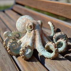 Whimsical Ceramic Octopus Sculpture on Wooden Bench Artistic Sea Creature Decor in Outdoor Setting Playful Marine Theme