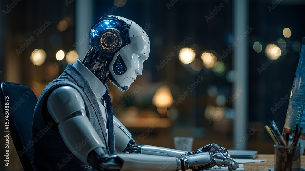 Poster sophisticated humanoid robot working at desk, illuminated by city lights, blending artificial intell