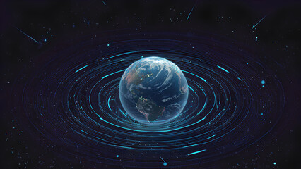 Digital Illustration of Planet Earth with Glowing Orbit Rings in Outer Space