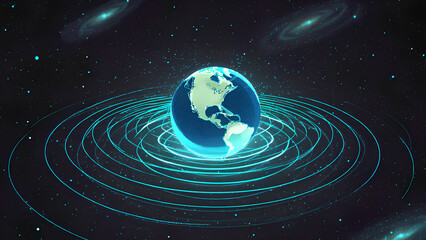 Digital Illustration of Planet Earth with Glowing Orbit Rings in Outer Space