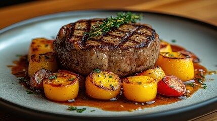 Delicious beef tenderloin steak presented on plate with grilled potatoes and savory herb garnish elegant presentation