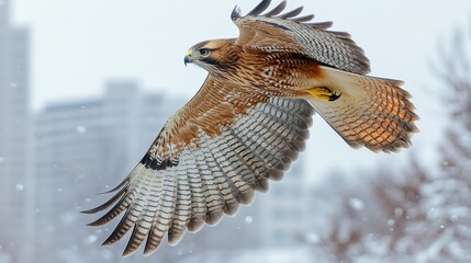 Graceful Red Tailed Hawk in Flight During Winter with Snowfall against an Urban Backdrop Close Up