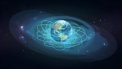 Futuristic Earth with Glowing Orbital Paths in Deep Space